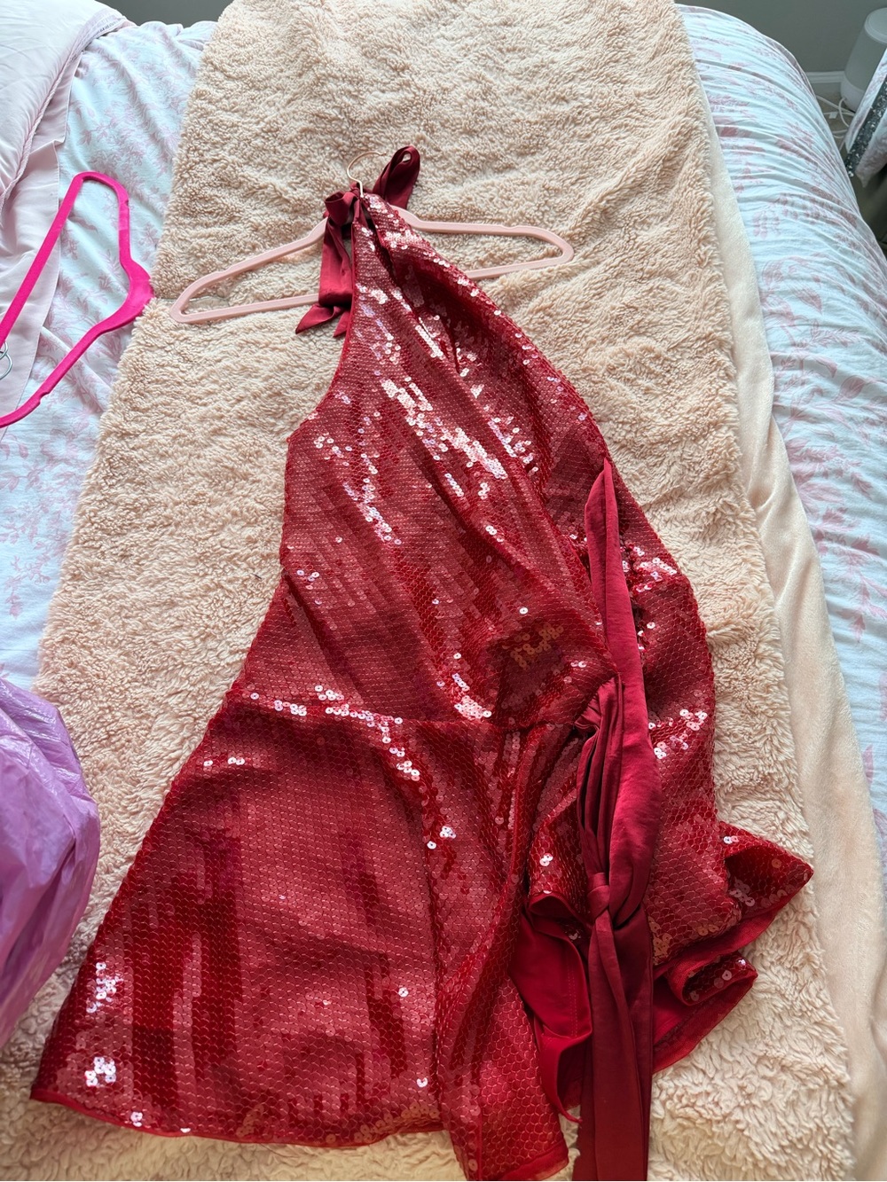Abercrombie & Fitch Red Sequin Asymmetrical Halter Dress